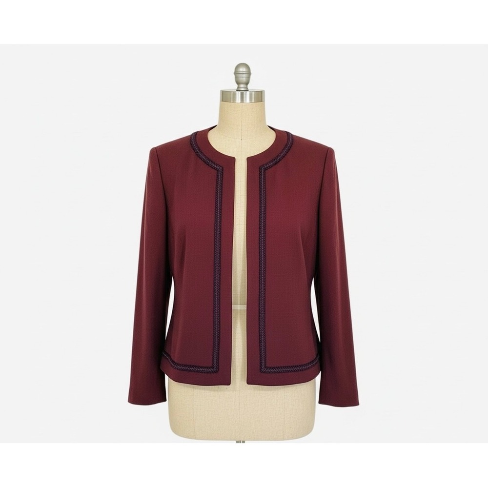Rona New York‎ Vintage Blazer Jacket Maroon Burgundy Open Front Trim Size 16